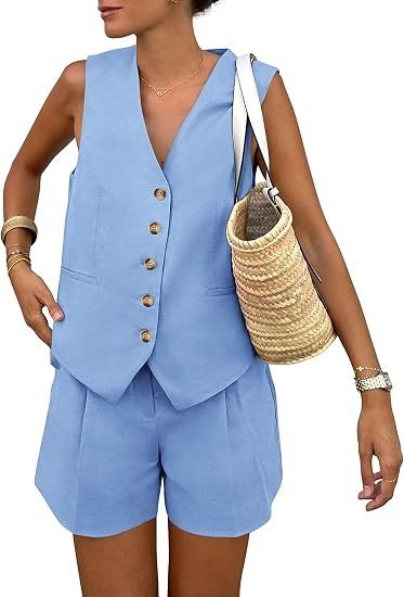 Blue Sleeveless Buttoned Vest And Shorts Set image 4